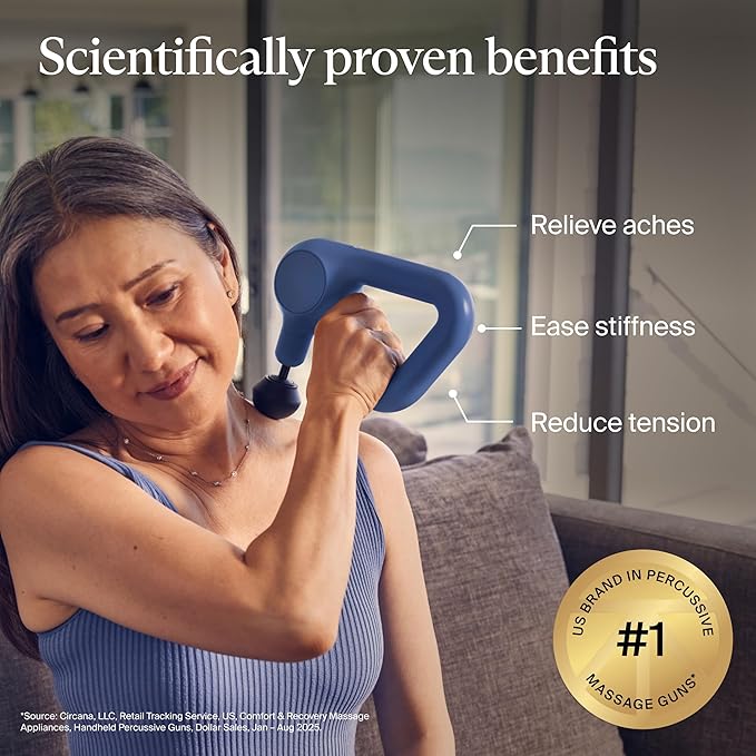 TheraGun Therabody Relief Handheld Percussion Massage Gun - Easy-to-Use Comfortable &amp Light Personal Massager for Every Day Pain Relief Massage Therapy in Neck Back Leg Shoulder and Body (Navy