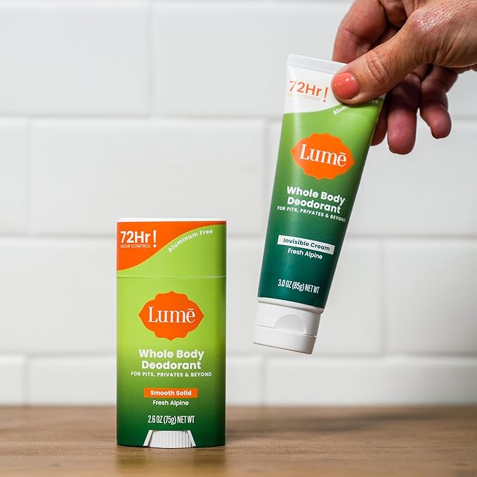 Lume Whole Body Deodorant - Invisible Cream Tube and Solid Stick - 72 Hour Odor Control - Aluminum Free Baking Soda Free Skin Loving - 3.0 Ounce Tube and 2.6 Ounce Solid Stick Bundle (Fresh Alpine)