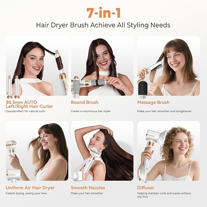 7 in ONE Hair Dryer Brush Powerful Blow Dryer Brush with Air Curler for Hair Brush Blow Dryer with Diffuser Ionic Hot Air Brush Fast Dry Volumize Curls Straight Hair Styling Tools 100-120V
