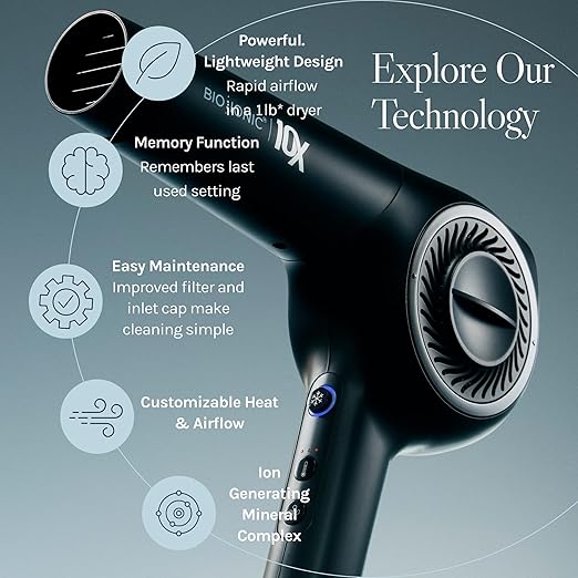 Bio Ionic 10X Ultralight Speed Hair Dryer Blow Dryer with Adjustable Heat &amp Speed Memory Function Professional Hair Styling Tool for Fast Frizz-Free Hairstyles