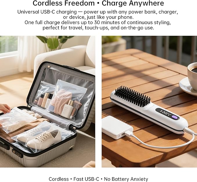 GERY Wireless Hair Straightener Brush Cordless Negative Ion 3 Temp Settings (160℃/180℃/200℃) MCH Fast Heating 4X Longer Battery LED Display Portable for Travel &amp Home (White)