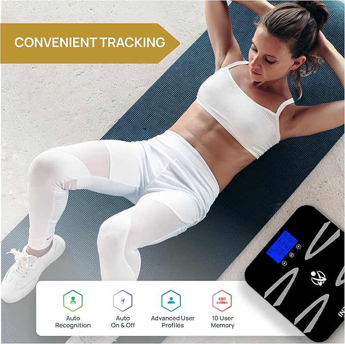 INEVIFIT Body-Analyzer Scale Highly Accurate Digital Bathroom Body Composition Analyzer Measures Weight Body Fat Water Muscle BMI Visceral Levels &amp Bone Mass for 10 Users. Includes Batterie