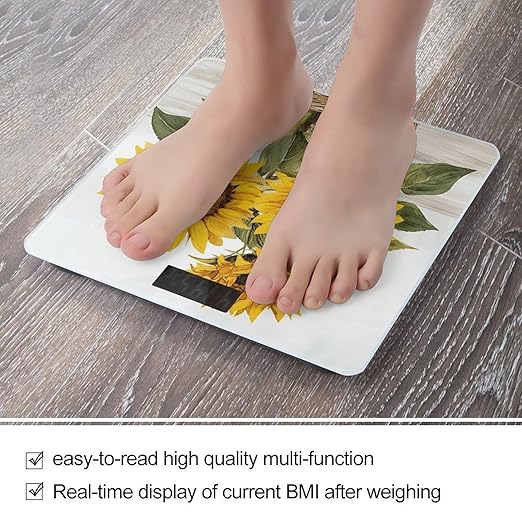Alluring Sunflowers Summer Scale for Body Weight Precision Bathroom Weighing Scales with Back Lit LCD Display Sturdy Tempered Glass Body Weight Scales Digital Bathroom Scale 400lb