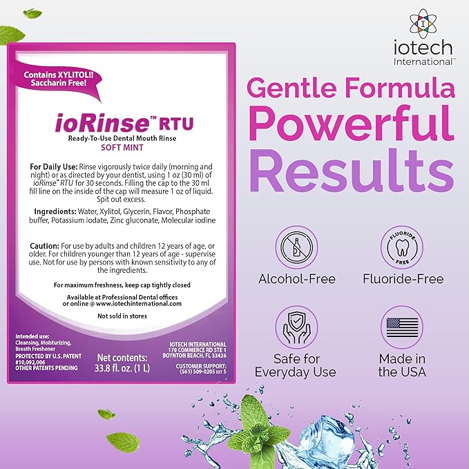 ioRinse RTU Halitosis Mouthwash for Fresh Breath Dentists' Top Choice Alcohol Free &amp Fluoride Free Molecular Iodine Oral Rinse Soft Mint Professional Clean Mouth Wash RTU Mouthwash 1L