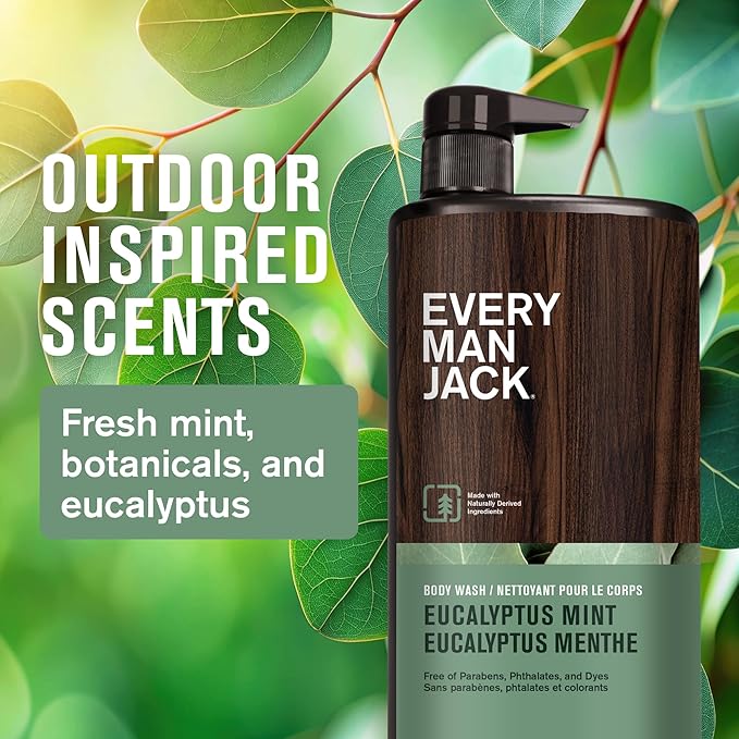 Every Man Jack Eucalyptus Mint Hydrating Mens Body Wash for All Skin Types - Cleanse Nourish and Hydrate Skin with Naturally Derived Ingredients - Paraben Free Phthalate Free Dye Free - 33.8oz