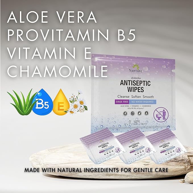 XL Individually Wrapped Nurture Antibacterial Body &amp Hand Wipes | Alcohol-Free Antiseptic Wet Disinfecting Towelettes for Germ Removal Sanitizing Hands |Cleaning Cloths| Adults &amp Baby| Thick