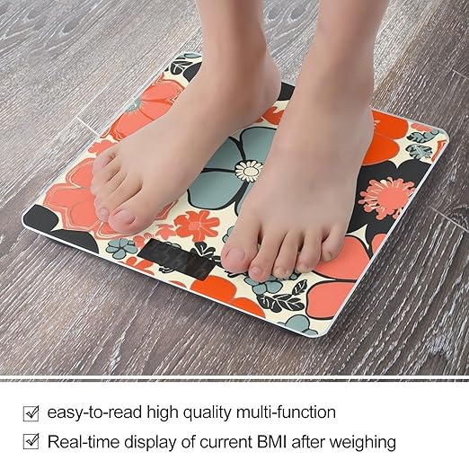Retro Floral Scale for Body Weight Anti-Slip Digital Bathroom Scale Sturdy Toughened Glass Weighing Scales High Precision Safe Rounded Corners Smart Scales