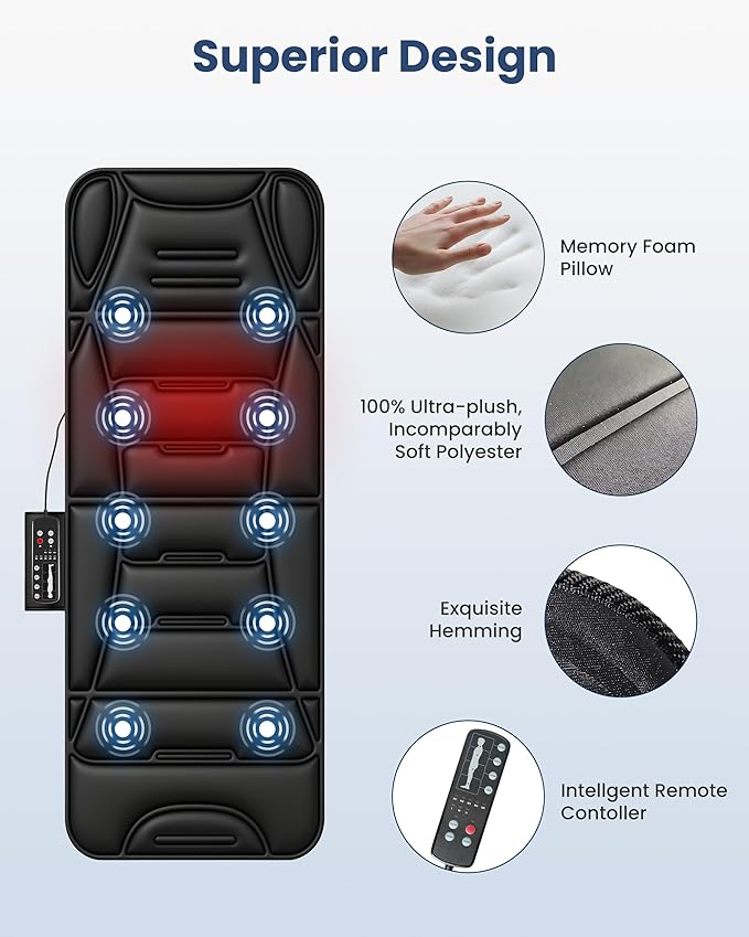 COMFIER Full Body Massage Mat Pad Heating Vibrating Massage Chair Pad with 10 Vibration Motors 5 Massage Modes and Auto Shut Off Gift for Men Women