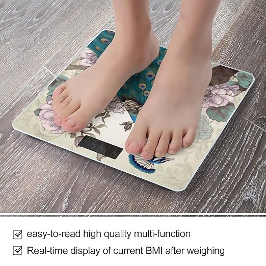 Peacock Floral Weight Scale for Body Weight Digital Bathroom Scale High Capacity Accurate Digital Weighing Scales and Easy-to-Read on Backlit LCD Display Scales