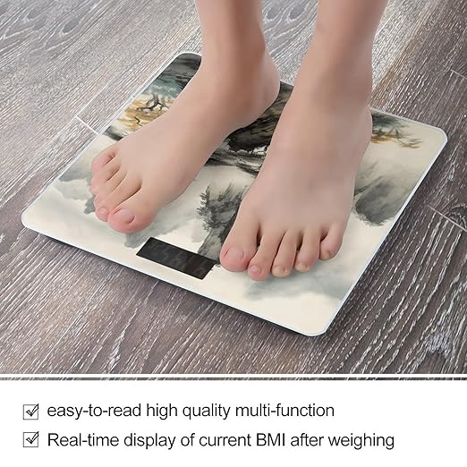 Chinese Landscape Painting Scale for Body Weight Safe Rounded Corners Tempered Glass Digital Bathroom Scale LED Display 400lb Capacity Weight Scales with High Precision Sensors