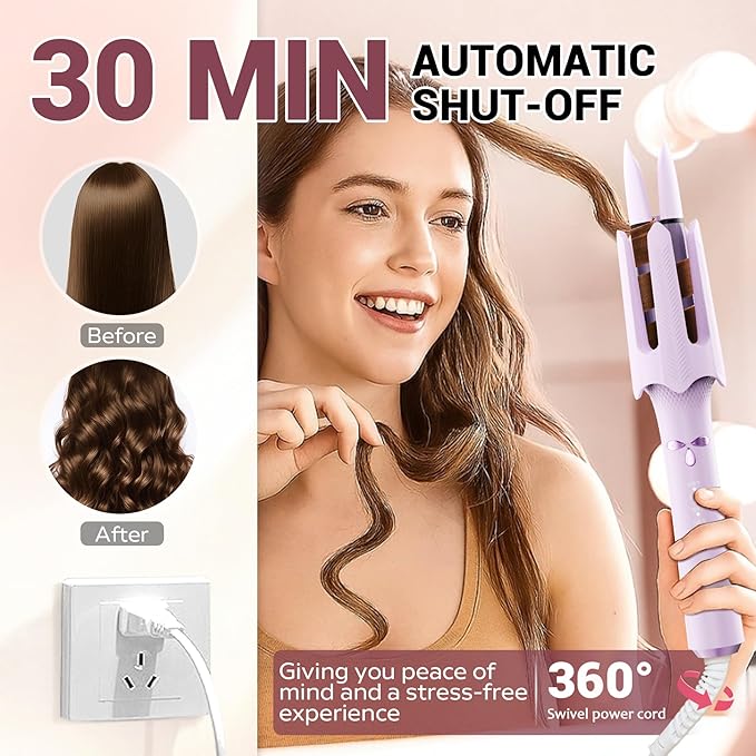 Auto Rotating Hair Curler - 4 Temperature and Timer Settings Automatic Curling Iron with Automatic Shut-Off Anti-Tangle and Scalding Curling Wand for Long Lasting Curls (Purple)