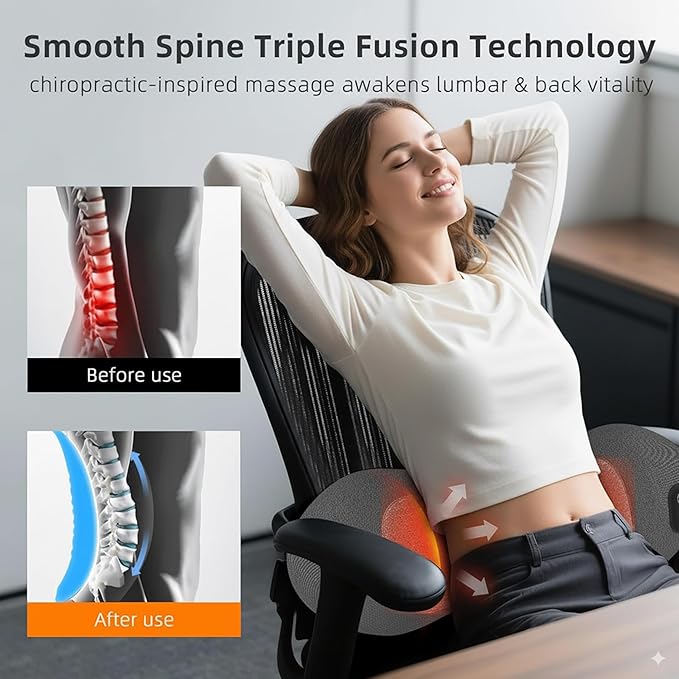 3-in-1 Upgraded Electric Lumbar Support Pillow Suitable for Chairs Beds and Travel. Heated Back Massager for Deep Tissue Massage to Relieve Pain
