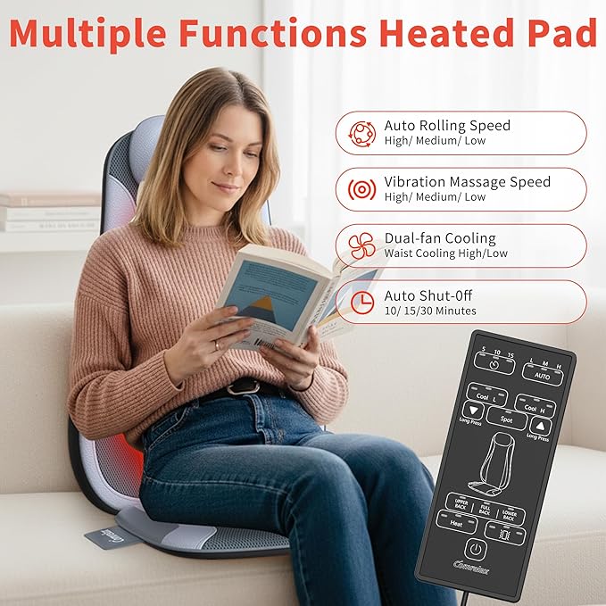 Shiatsu Back Massager with Heat &amp Cooling Kneading Rolling Vibration Chair Massager for Deep Tissue Pain Relief Massage Chair Pad for Home &amp Office