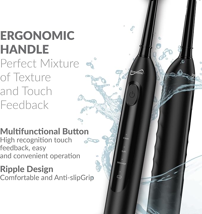 Supersonic TB-1000 Sonic Zoom+ Advanced Rotating Electric Toothbrush | 8800 OPM | Wireless Charging | 3 Cleaning Modes | 6 Brush Heads | Auto Timer | Travel Case | Black