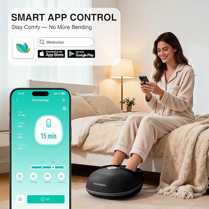 Medcursor Foot Massager with Heat - 2026 Upgraded Shiatsu Deep Kneading Machine Multi Air Compression Intensity Smart APP Mobile Remote Control Feet Massage for Home and Office Use