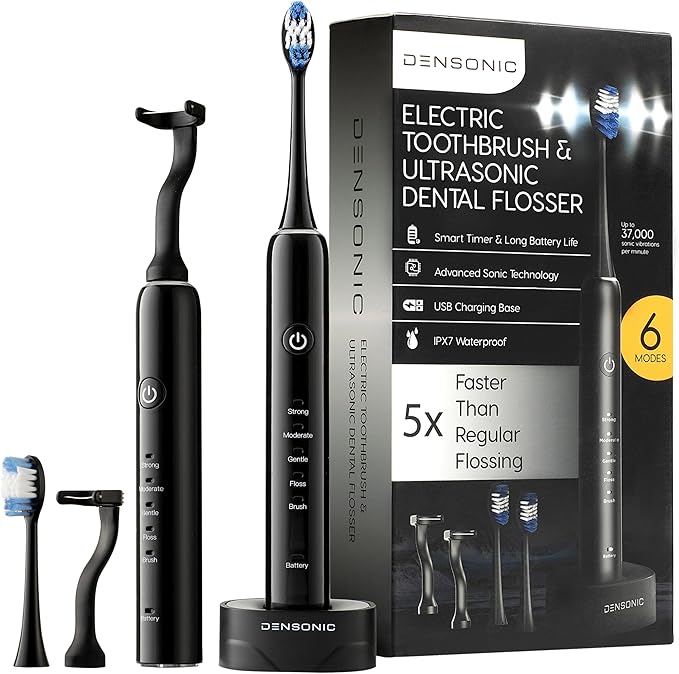 Electric Toothbrush and Flosser Combo | 2-in-1 Sonic Cleaning &amp No-Mess Mechanical Floss | 5X Faster Deep Clean | 6 Modes | 2 Toothbrush Heads + 50 Replacement Floss Heads [Black]
