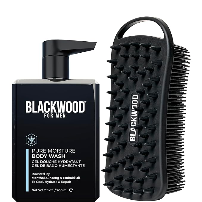 Blackwood For Men Pure Moisture Body Wash (7oz) + Double Duty Beard &amp Body Scrubber Bundle - Natural Vegan Formula for Sensitive Skin and Workout Recovery - Dual-Sided Men's Shower Tool