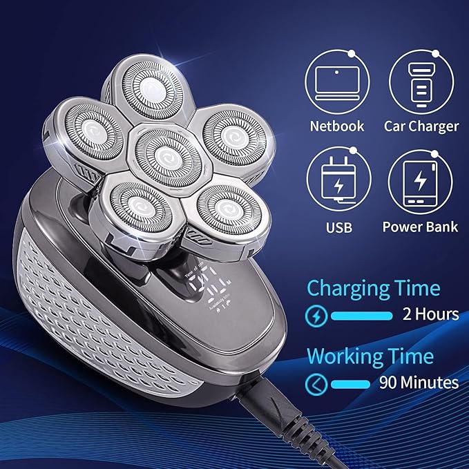 Head Shavers for Bald Men 6 in 1 Smart Sensor Switch Shaver for Men Rechargeable Bald Head Hair Trimmer Floating Heads Beard Electric Razor LCD Display Clipper