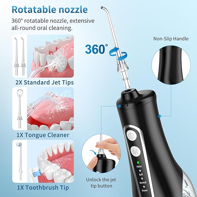 Cordless Oral Irrigator - 4 Modes Water Flosser for Teeth Cleaning 300ML Reservoir 360° Nozzle IPX7 Waterproof 2000mAh Rechargeable Battery 4 Jet Tips Smart Memory Function (M149 - Black)