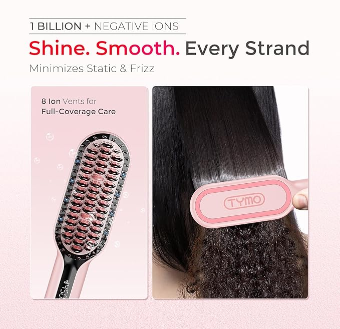 TYMO Hair Straightener Brush Upgraded Ionic Compact Straightening Brush for Women with Wave-Design Bristles Fast Smooth Styling Lightweight Hot Comb &amp Travel Flat Iron 1 Billion Ions Pink