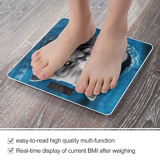 Blue Cat Sticking Out Tongue Scale for Body Weight Anti-Slip Tempered Glass Digital Bathroom Scales Clear LCD Display Weighing Scale Safe Rounded Corners Smart Scales