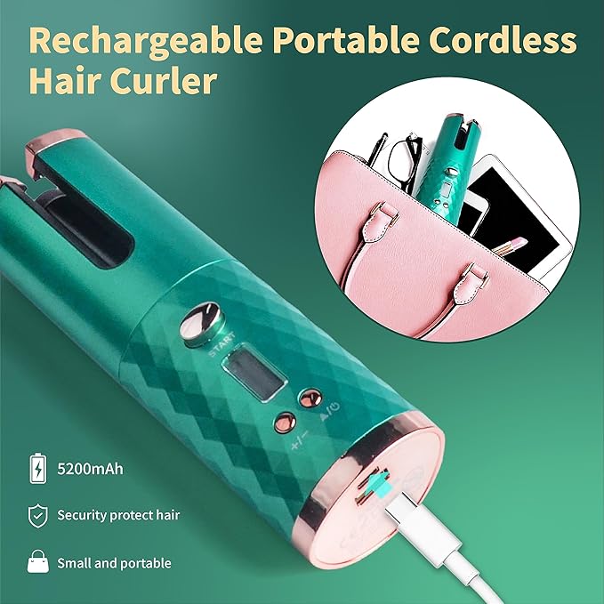 Automatic Curling Iron Hair Curling Iron for Hair Styling Cordless Auto Hair Curler with 6 Temps and Timers Auto Shut-Off Fast Heating Rechargeable Cordless Hair Curler 1 (Green) (Green)
