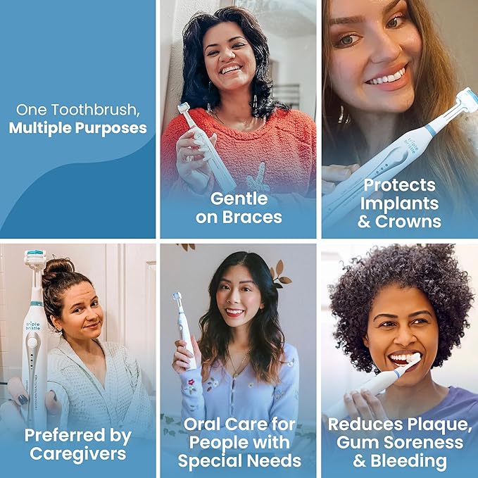 Triple Bristle Kids Sonic Toothbrush | 1 Pack | 3 Sided Toothbrush to Clean Teeth and Gums | Dentist Created &amp Approved | Fun Sticker Rewards | Rechargeable Three Sided Toothbrush for Kids