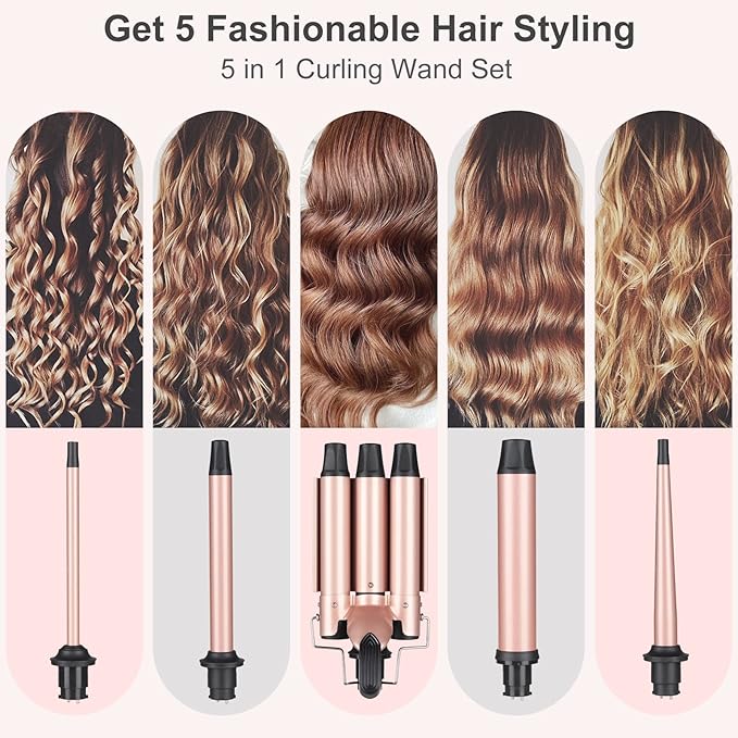 Wand Curling Iron Hair Crimper Emocci Pro Large 3 Barrel (0.35-1.25 Ceramic Barrel) Hair Crimper for Women Beach Waves Instant Heat Hair Waver Set for Long Hair Curlers 5-in-1 Curling Wand Set