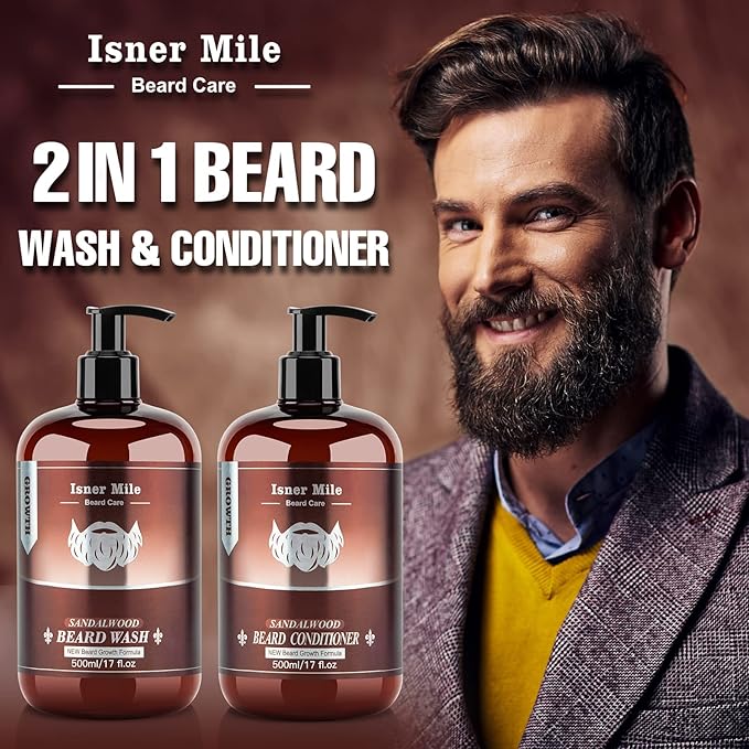 ISNER MILE Beard Wash &amp Conditioner Set for Men - 17 oz Shampoo with Biotin Argan &amp Jojoba Oils for Smooth Soft and Strengthened Beard - Sandalwood Scented Grooming Gift