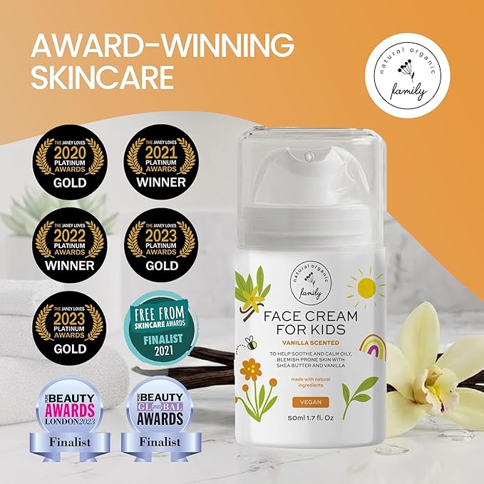 Kids Face Cream - Gentle and Calming Moisturizer Lotion for Sensitive Skin Natural Hydration and Spot Control with Shea Butter Tea Tree Hyaluronic Acid Vitamin E - Made in UK - Vanilla Scented