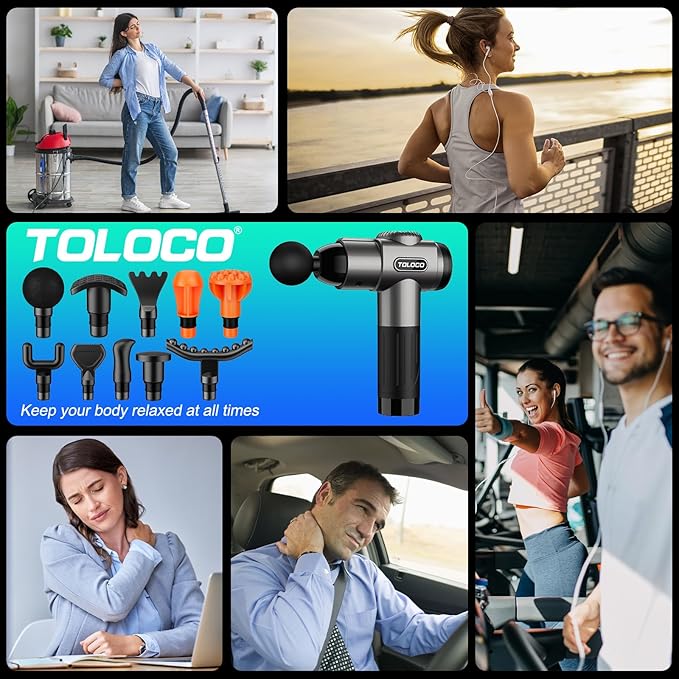 TOLOCO Massage Gun Deep Tissue Back Massage for Athletes for Pain Relief Percussion Massager with 10 Massages Heads &amp Silent Brushless Motor Valentines Day Gifts for Him Her Grey