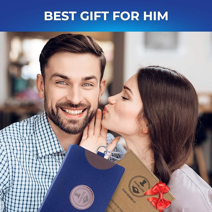 Beard Shaping Kit - Grooming Tools for Men - Adjustable Lineup Template Premium Wooden Comb Laser Sharpening Scissors All in Hygiene Travel Case