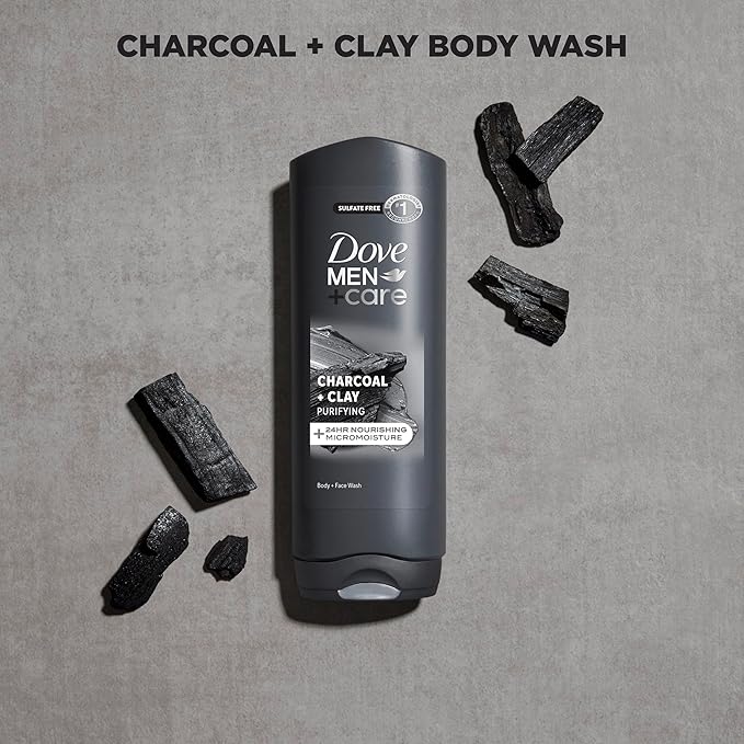 DOVE MEN + CARE Body and Face Wash 4 Count Purifying Charcoal + Clay Body Wash for Men with 24-Hour Nourishing Micromoisture Technology 18 oz