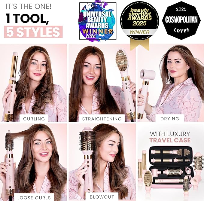 ELLA BELLA® 6 in 1 Professional Hot Air Styler • Powerful Hair Dryer &amp Straightener Set • Styling Without Heat Damage • Fast Drying Curling Volumizing Straightening • Includes Protective Travel Ca