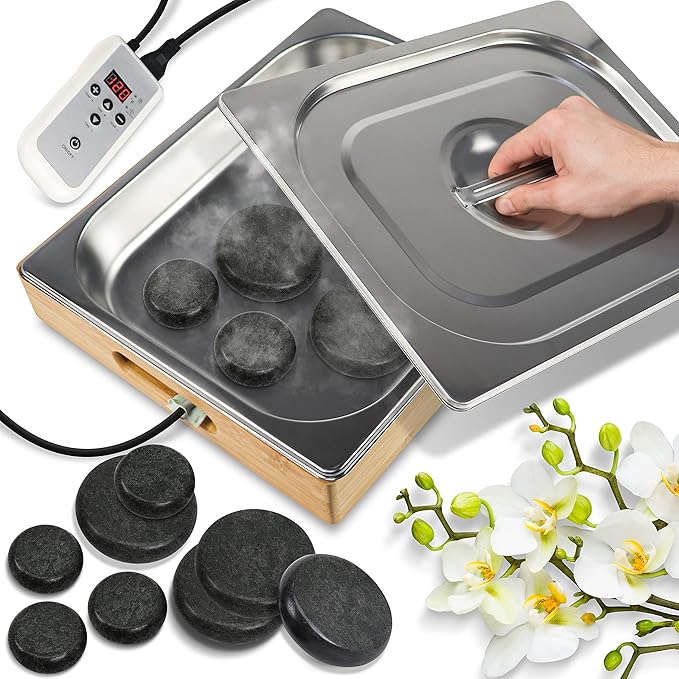 SereneLife Portable Massage Stone Warmer Set Electric Spa Hot Stones Massager and Heater Kit with 6 Large and 6 Small Round Shaped Basalt Warm Massaging Therapy Rocks Equipment