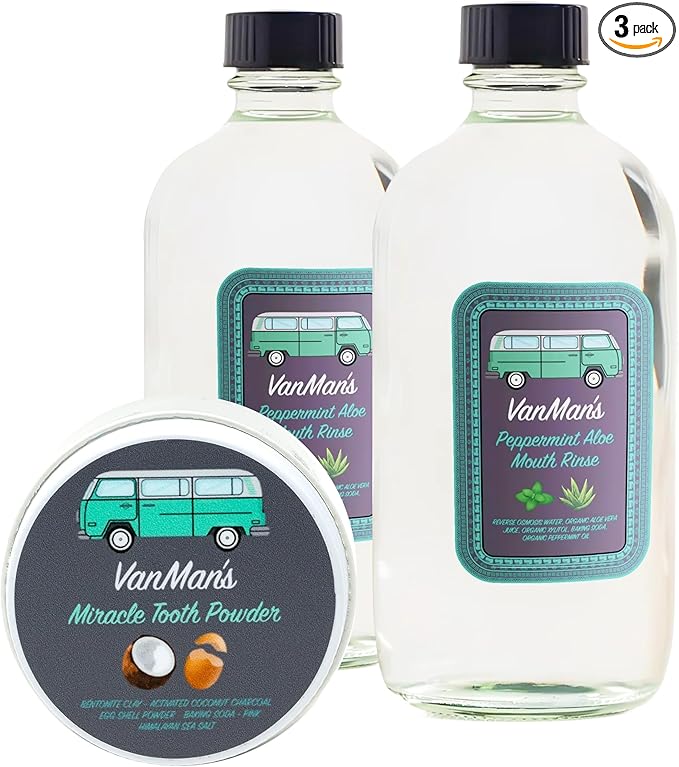 Vanman's - Oral Mouth Care Kit with Powder Toothpaste (2.2 Ounce) and Two Oral Rinse Mouthwash (8.8 Ounce) - Aloe Mint Remineralizing Mouthwash and Tooth Powder with Coconut Charcoal Egg Shell