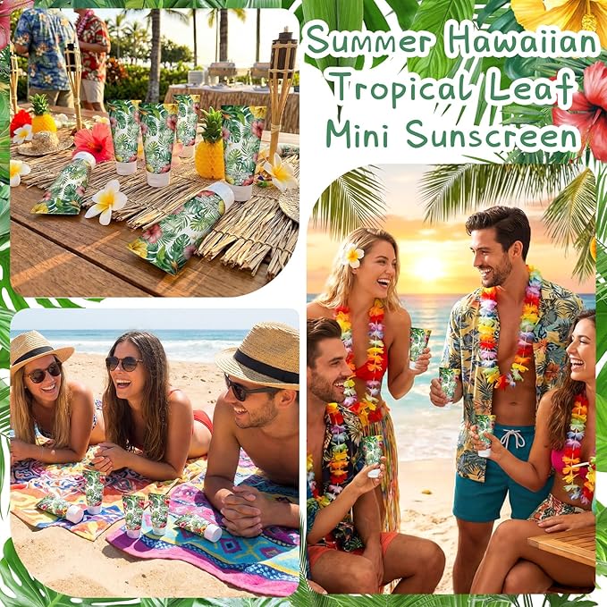 Loopeer 30 Pcs Mini Sunscreen Bulk Travel Size 1 oz Spf 30 Water Resistant Mini Sunscreen Lotion Hawaiian Tropical Leaves Summer Beach Party Favors Gifts for Summer Hawaiian Party Adult(Fresh)