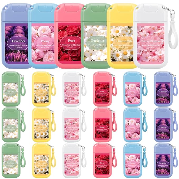 Frienda 24 Pcs Mini Hand Sanitizer Spray Bulk with Keychain Scented Hydrating Hand Sanitizer Spray Travel Size 1 Fl oz for Travel Backpack Employee Nurse(Floral Scented)