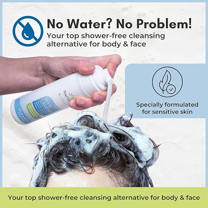 Nurture Rinse Free Waterless Foaming Cleanser | Women Camping Elderly &amp Hospital Care | Waterless Shower &amp Bath Wash w/Aloe for Sensitive Dry Skin