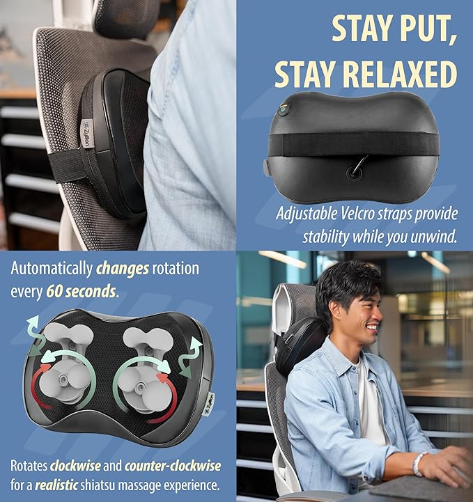 Zyllion Shiatsu Back and Neck Massager with Heat - 3D Electric Kneading Deep Tissue Massage Pillow with 8 Massaging Nodes for Muscle Pain Relief Black ZMA-25