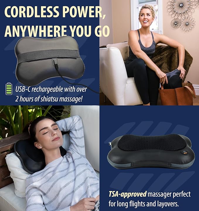 Zyllion Shiatsu Back and Neck Massager with Heat - Cordless Rechargeable 3D Electric Kneading Deep Tissue Massage Pillow for Muscle Pain Relief Black ZMA-13RB