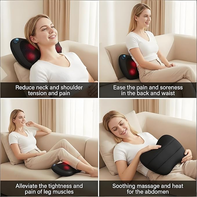 MLVOC Neck Massager &amp Back Massager with Heat - Portable 3-Speed Shiatsu Massage Pillow for Body Relief 37°C Thermal Therapy Rechargeable 2000mAh Battery for Home/Car/Office/Travel Use