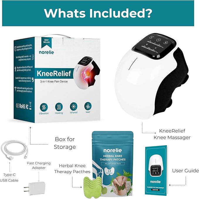 Norelie KneeRelief Massager + Herbal Knee Patches Bundle – 3-in-1 Device with Red Light Vibration &amp Heat Therapy + 12 Herbal Patches for Daily Knee Wellness