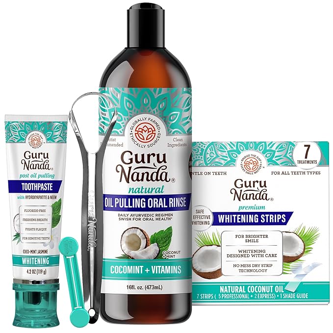 GuruNanda Whitening &amp Fresh Breath Bundle – 7-Day Whitening Strips Hydroxyapatite Toothpaste &amp CocoMint Oil Pulling 16oz for a Brighter Smile &amp Happier Gums
