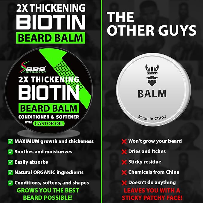 Biotin Beard Balm for Men - 2X Thickening for Beard and Mustache - Organic Mustache Wax with Castor Oil &amp Meadowfoam – Hydrating Facial Hair Growth Balm &amp Leave-In Conditioner (Pack of 2)