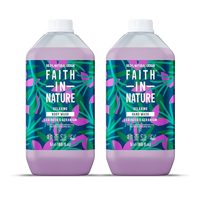 Faith In Nature Natural Hand Wash &amp Body Wash Set - Vegan &amp Cruelty Free No SLS or Parabens - 2 x 169 fl oz Value Bundle Pack Lavender &amp Geranium
