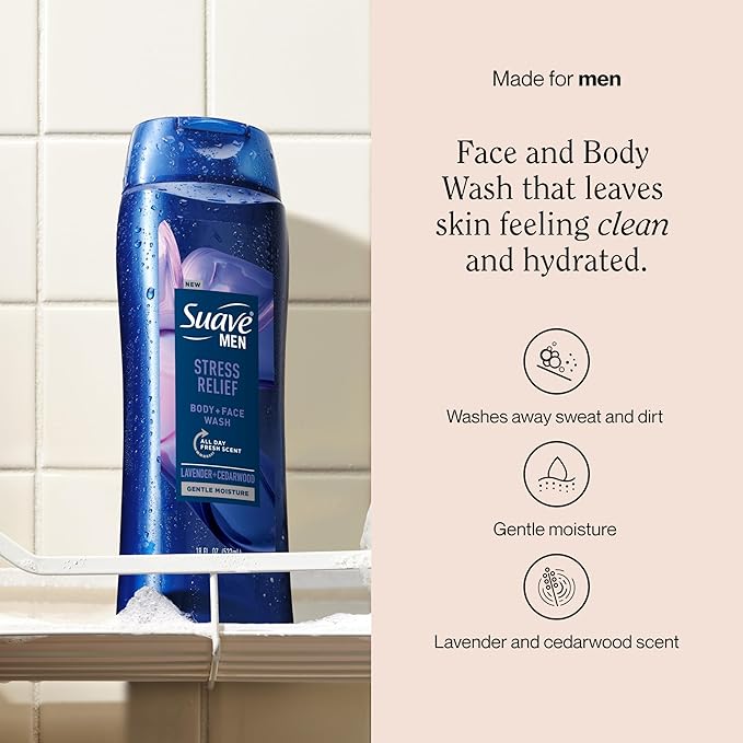 Suave Men’s Stress Relief Body + Face Wash Gentle Moisture with Lavender &amp Cedarwood All Day Fresh Scent 18 oz 6 Pack
