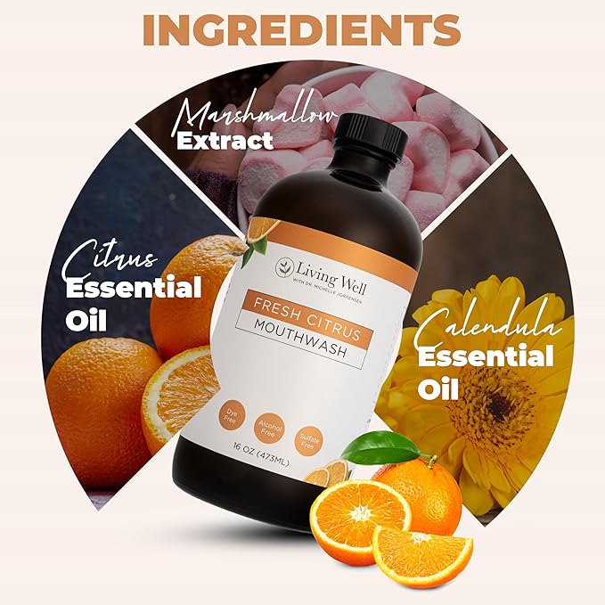 Living Well with Dr. Michelle Fresh Citrus Remineralizing Mouthwash | Hydroxyapatite &amp Colloidal Silver Formula | Alcohol-Free Natural &amp Organic | Fluoride-Free Mouth Rinse