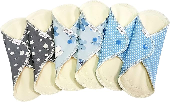 Lilind® 6 Pack Everyday 9 Regular Organic Cloth Pads on Random Color Reusable Menstrual Sanitary Napkins 100% Cotton