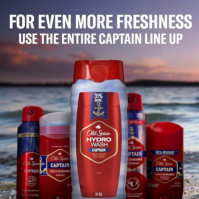 Old Spice Moisturizing Body Wash for Men Hydro Wash 2-in-1 Long Lasting Scent &amp Deep Hydration 24/7 Shower Fresh Captain Scent 21 oz (Pack of 4)